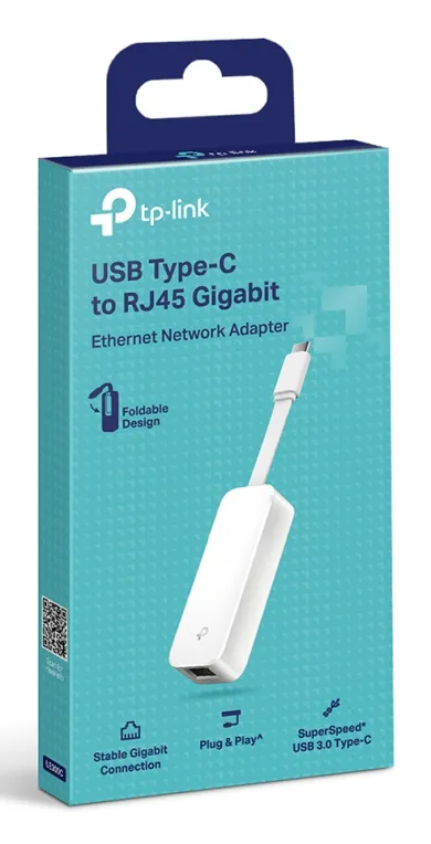 TP-Link UE300C USB-C-zu-Gigabit-Ethernet-Adapter in hellblauer Verpackung mit Adapter-Abbildung und Funktionsicons auf der