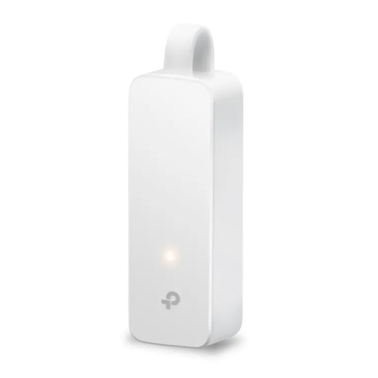 TP-Link UE300C USB-3.0-zu-Gigabit-Ethernet-Adapter in Weiß, vertikal stehend mit leuchtender LED und TP-Link-Logo auf