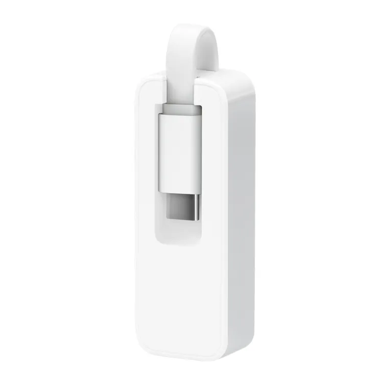 TP-Link UE300C USB-3.0-zu-Gigabit-Ethernet-Adapter mit herausziehbarem USB-C-Stecker und weißem Gehäuse für schnelle