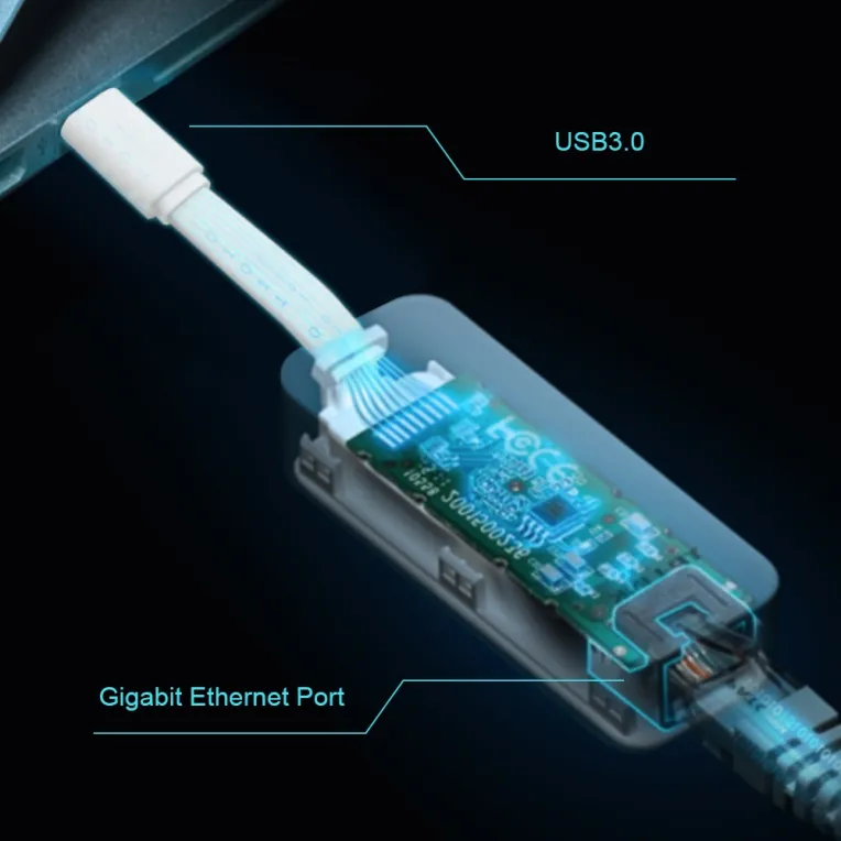 TP-Link UE300C USB-3.0-zu-Gigabit-Ethernet-Adapter mit durchsichtigem Gehäuse und sichtbarer grüner Platine USB-C- und