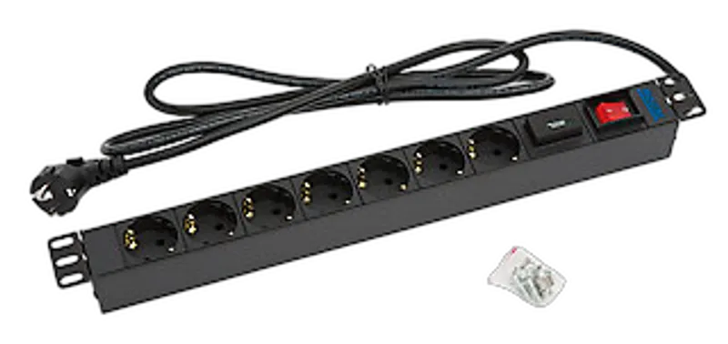 Triton 19"Schrank, zbh. Steckdosenleiste,  7xDosen(CEE7)->Stecker(CEE7), ÜS, Schalter,