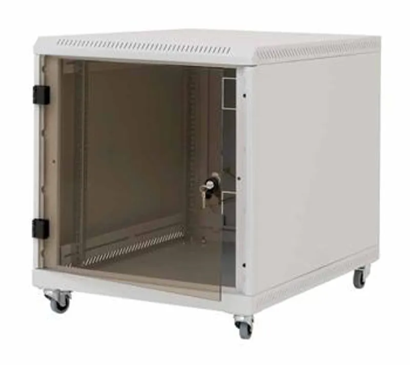 Серверный шкаф Triton 19" 12U светло-серого цвета с прозрачной дверцей и роликами для установки оборудования в стойку.