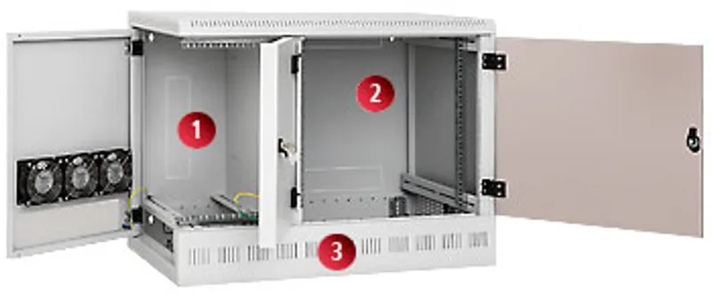Armadio a parete Triton 19" RFA-Serie grigio chiaro con ante laterali aperte, guide interne e ventole di raffreddamento
