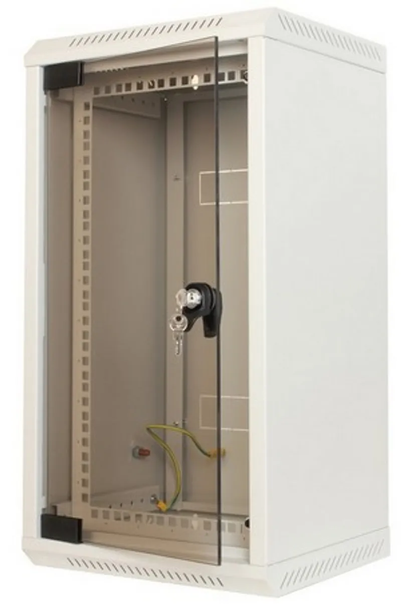 Armadio rack Triton 10/19" a parete grigio chiaro con porta in vetro trasparente, guide di montaggio e cavo di messa a
