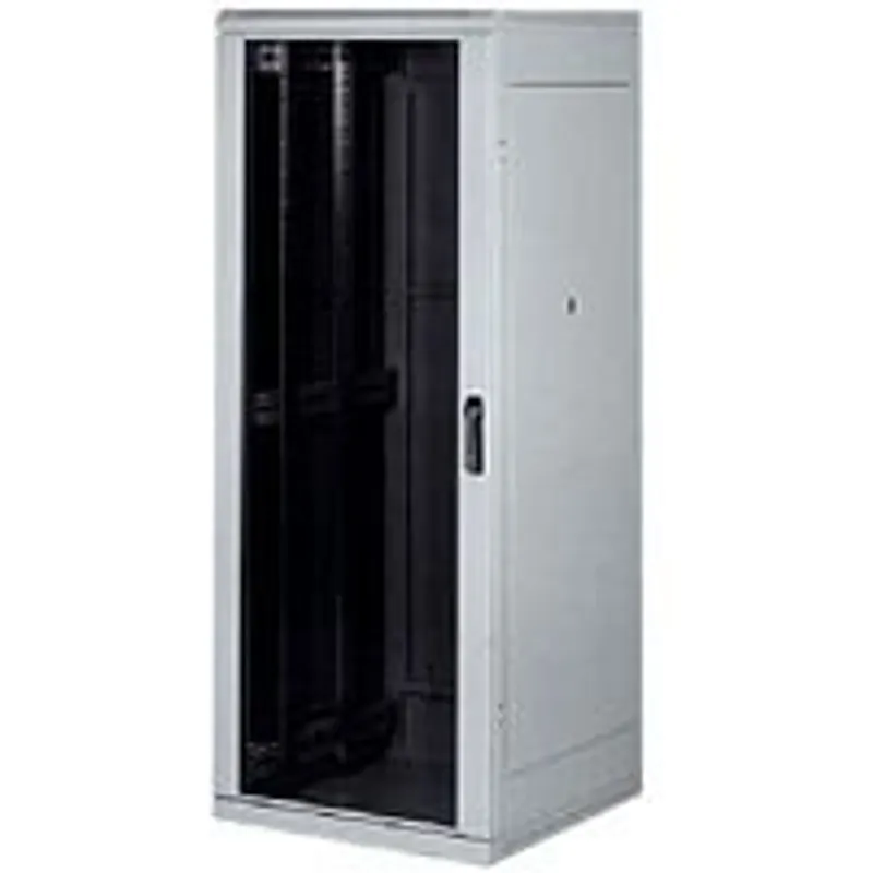 Armadio rack Triton 19" 15U grigio chiaro con porta aperta e guide interne nere su sfondo bianco.