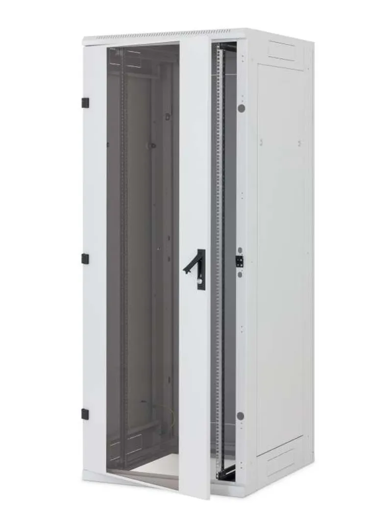 Armadio rack Triton 19" 18HE grigio chiaro con porta in vetro aperta, struttura smontabile per server e carico fino a 1200