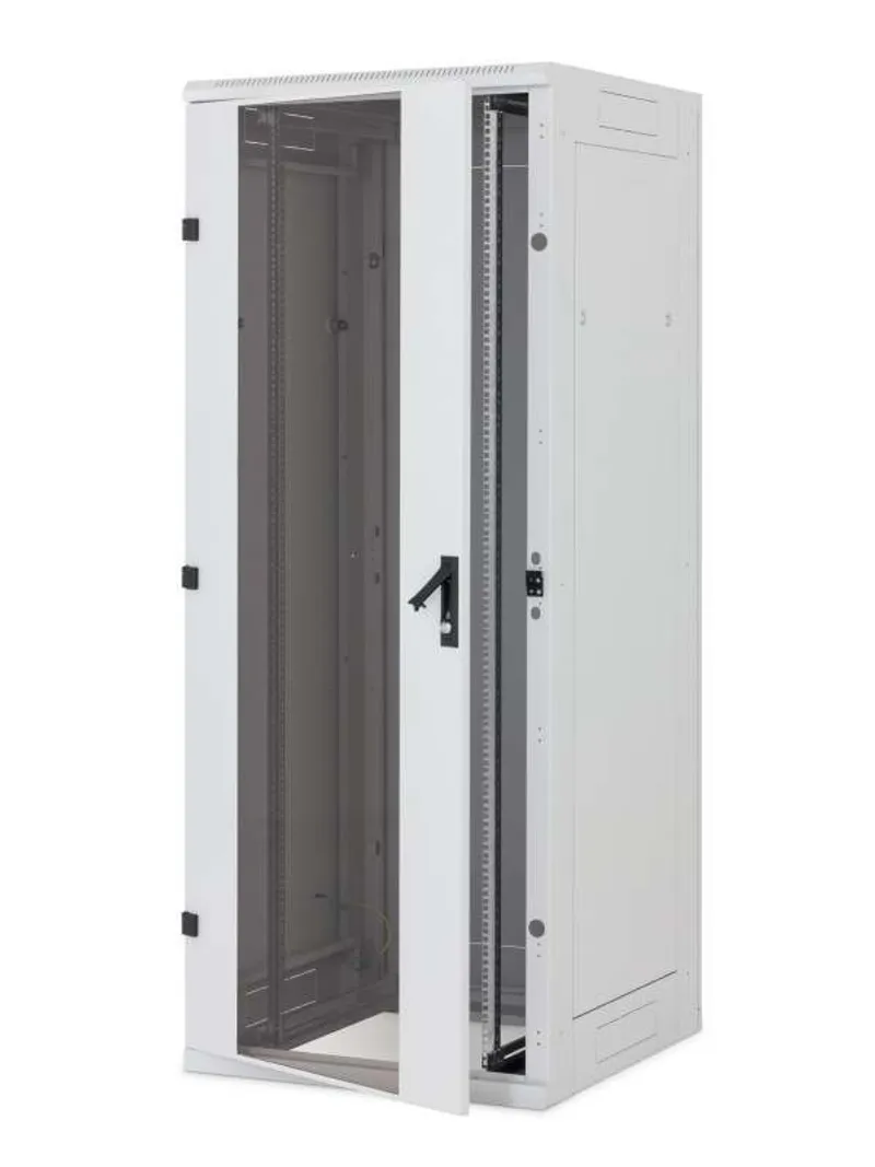 Armadio rack Triton 19" 27HE grigio chiaro con porta in vetro aperta, guide interne visibili e pannello laterale per server