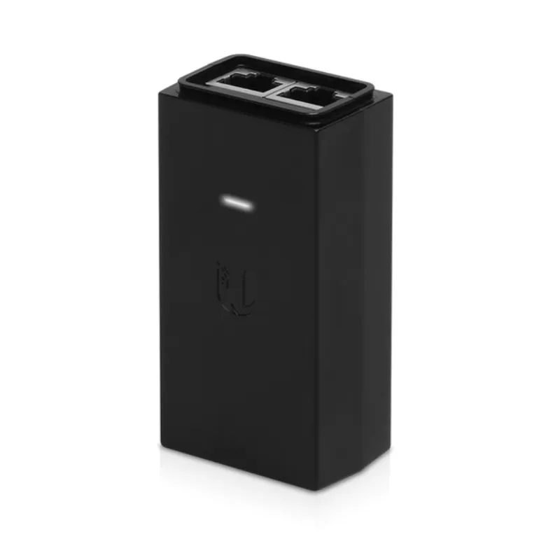 Injecteur POE Ubiquiti 24VDC 12W en noir avec deux ports Ethernet et LED blanche allumée pour alimentation réseau.
