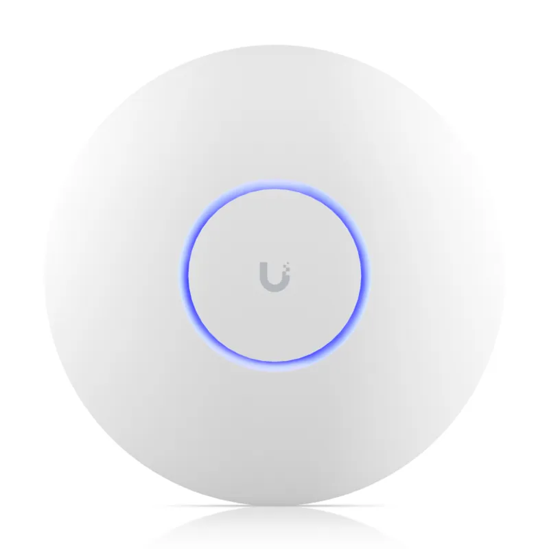 Weißer runder Ubiquiti UniFi AP U7-PRO WLAN-Access-Point mit grauem U-Logo und blau leuchtendem LED-Ring in Frontansicht