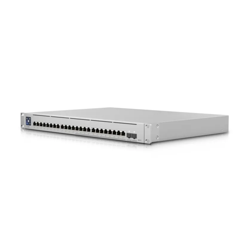 Ubiquiti UniFi Switch USW-Enterprise-24-PoE 400W mit 24 Ethernet-Ports, SFP+-Anschlüssen und blauem Display in silbernem