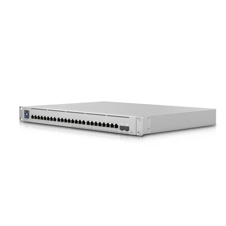 Ubiquiti UniFi Switch USW-Enterprise-24-PoE 400W mit 24 Ethernet-Ports, SFP+-Anschlüssen und blauem Display in silbernem Ubiquiti UniFi Switch USW-Enterprise-24-PoE 400W mit 24 Ethernet-Ports, SFP+-Anschlüssen und blauem Display in silbernem