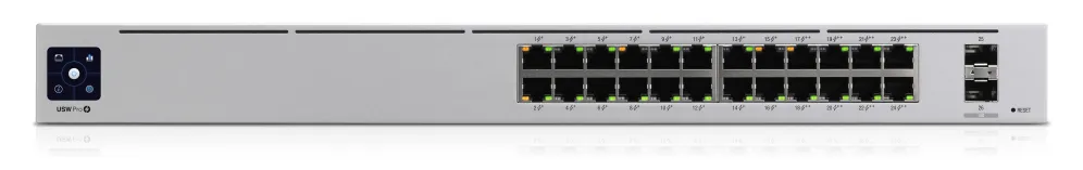 Ubiquiti UniFi Switch USW-Pro-24-POE Gen2 mit silbernem Gehäuse, 24 PoE-Ethernet-Ports, zwei SFP+-Slots, Touchscreen und