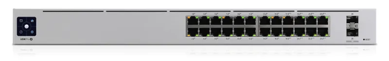 Ubiquiti UniFi Switch USW-Pro-24-POE Gen2 mit silbernem Gehäuse, 24 PoE-Ethernet-Ports, zwei SFP+-Slots, Touchscreen und