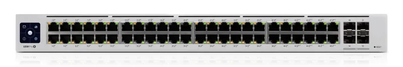 Ubiquiti UniFi Switch USW-Pro-48-POE Gen2 600W PoE mit 48 Ethernet-Ports, 4 SFP+-Anschlüssen und LCD-Display in Rack-Montage.