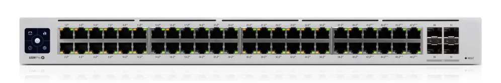 Ubiquiti UniFi Switch USW-Pro-48-POE Gen2 600W PoE mit 48 Ethernet-Ports, 4 SFP+-Anschlüssen und LCD-Display in Rack-Montage. Ubiquiti UniFi Switch USW-Pro-48-POE Gen2 600W PoE mit 48 Ethernet-Ports, 4 SFP+-Anschlüssen und LCD-Display in Rack-Montage.
