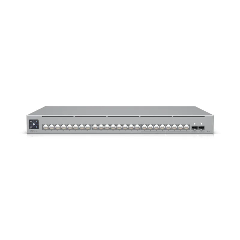 Ubiquiti UniFi Switch USW-Pro-Max-24 с 24 портами Ethernet, двумя SFP+ и дисплеем в сером корпусе для монтажа в стойку.