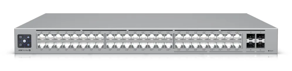 Ubiquiti UniFi Switch USW-Pro-Max-48-POE 720W PoE++ mit 48 RJ45-Ports, 4 SFP+-Anschlüssen, Display und Reset-Taste in Ubiquiti UniFi Switch USW-Pro-Max-48-POE 720W PoE++ mit 48 RJ45-Ports, 4 SFP+-Anschlüssen, Display und Reset-Taste in