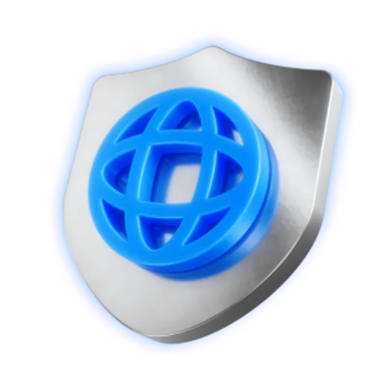 Ubiquiti UI-CyberSecure Enterprise-1Y-D серебристый щит с синей подсветкой и 3D глобусом для корпоративной кибербезопасности.