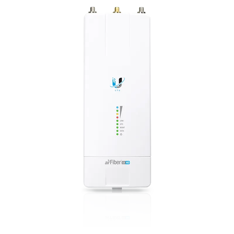 Ubiquiti AirFiber 5XHD Radio Frontansicht mit LTU-Logo, fünf Status-LEDs und drei Goldanschlüssen für