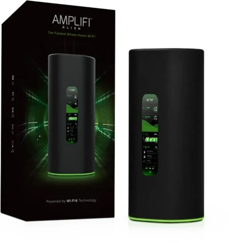 Router Ubiquiti AmpliFi Alien WiFi6, confezione nera con logo e render del dispositivo cilindrico nero a base luminosa