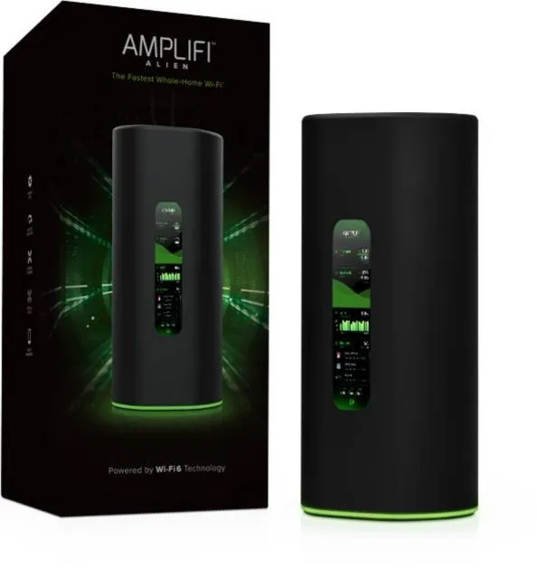 Router Ubiquiti AmpliFi Alien WiFi6, confezione nera con logo e render del dispositivo cilindrico nero a base luminosa Router Ubiquiti AmpliFi Alien WiFi6, confezione nera con logo e render del dispositivo cilindrico nero a base luminosa