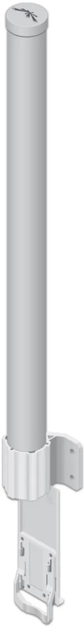 Antena sectorial Ubiquiti AMO-3G12 de 12 dBi, cilindro blanco vertical con logo de libélula en la tapa superior y soporte Antena sectorial Ubiquiti AMO-3G12 de 12 dBi, cilindro blanco vertical con logo de libélula en la tapa superior y soporte