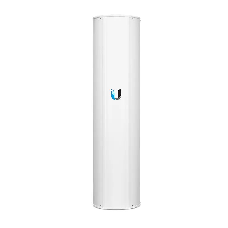 Weiße zylindrische Ubiquiti 5-GHz-airPrism-Sektorantenne AP-5AC-90-HD mit blau-schwarzem U-Logo und vertikalen Weiße zylindrische Ubiquiti 5-GHz-airPrism-Sektorantenne AP-5AC-90-HD mit blau-schwarzem U-Logo und vertikalen