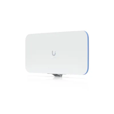 Weißer Ubiquiti UniFi WiFi 7 Access Point BE11500 mit U-Logo, blauer LED-Leiste und Halterung für Innenmontage Weißer Ubiquiti UniFi WiFi 7 Access Point BE11500 mit U-Logo, blauer LED-Leiste und Halterung für Innenmontage