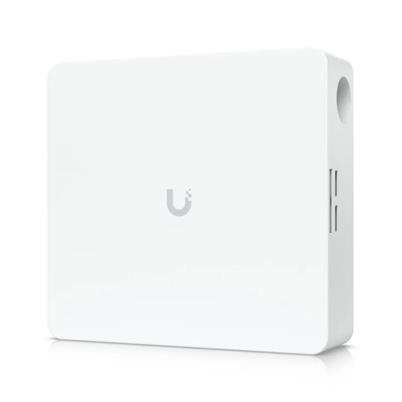 Ubiquiti Access Hub Enterprise Grade weißes Netzwerkgerät mit Logo, Montageloch und Lüftungsschlitzen für professionelle