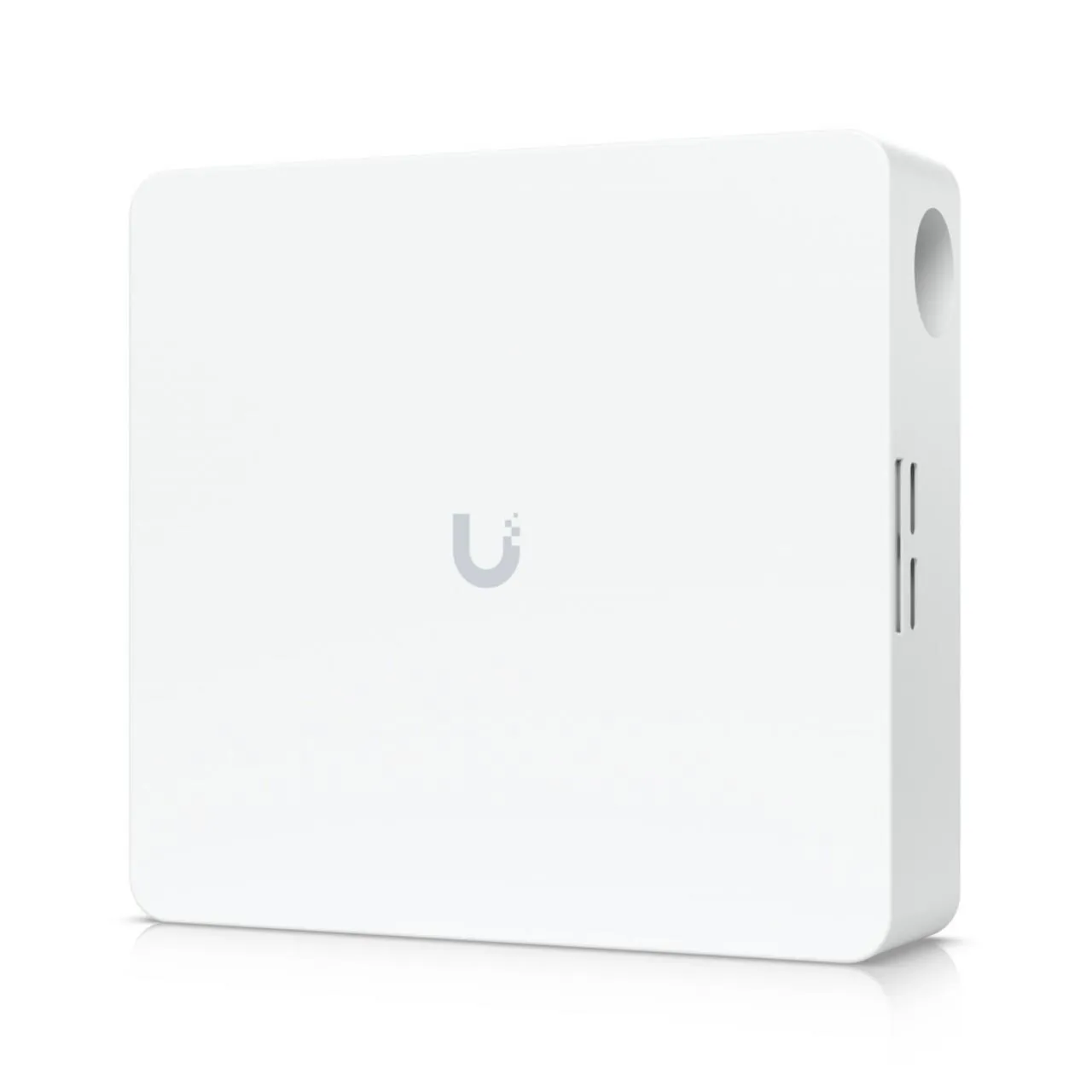 Ubiquiti Access Hub Enterprise Grade weißes Netzwerkgerät mit Logo, Montageloch und Lüftungsschlitzen für professionelle Ubiquiti Access Hub Enterprise Grade weißes Netzwerkgerät mit Logo, Montageloch und Lüftungsschlitzen für professionelle
