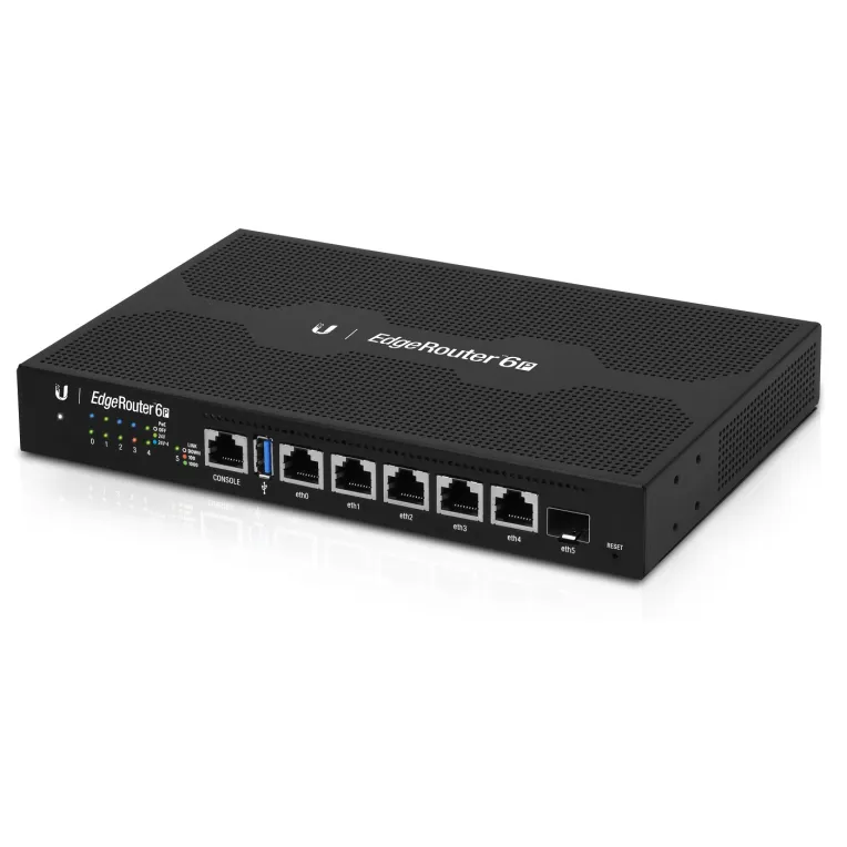 Ubiquiti EdgeRouter 6a mit 6 Ports, passivem 24-V-PoE und SFP-Anschluss, schwarze Front mit LEDs, Ethernet- und SFP-Ports
