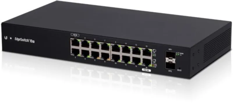Conmutador EdgeSwitch 18X de Ubiquiti en vista frontal angular con 16 puertos RJ45 de 1Gb con LEDs verdes, 2 ranuras SFP,
