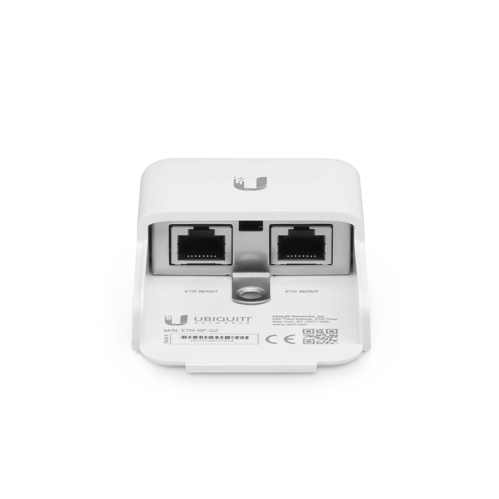 Ubiquiti Ethernet Surge Protector Gen 2 с двумя портами RJ45 на чёрном фоне для защиты сетевого оборудования от