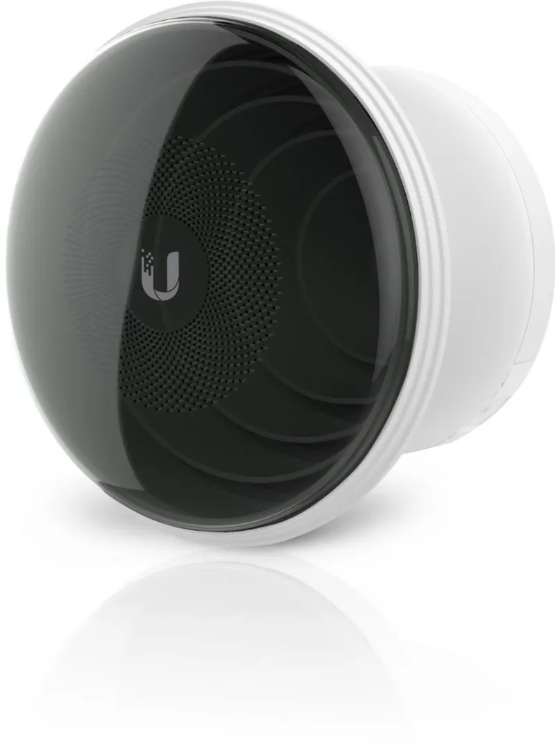 Ubiquiti IsoStation CPE 5GHz, dispositivo wireless cilindrico bianco con copertura frontale scura e logo Ubiquiti per