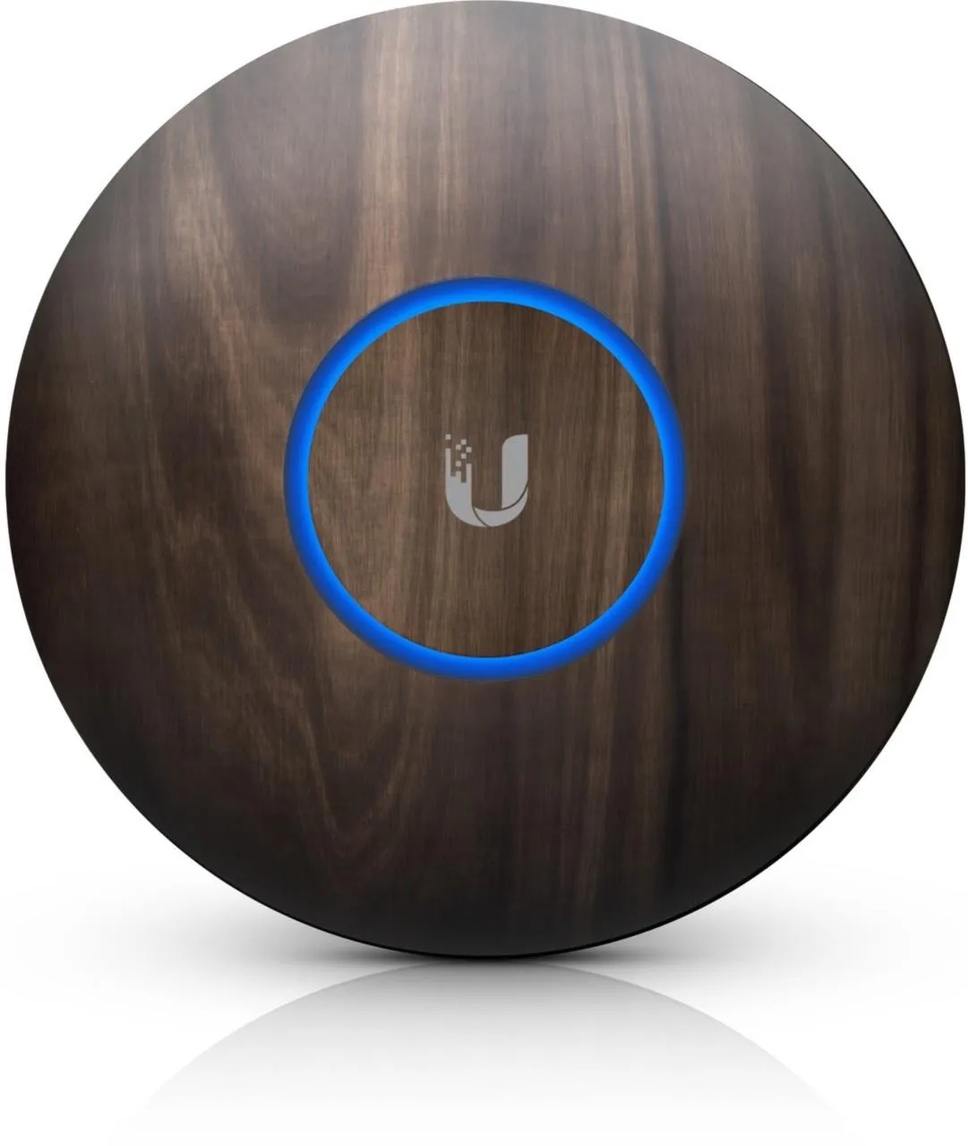 Ubiquiti U6 Lite wooden cover with dark wood grain finish and blue LED ring around the central Ubiquiti logo cutout for