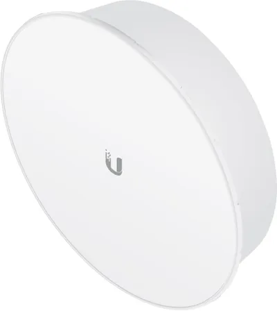 Antena Ubiquiti PowerBeam M5 AC ISO GEN2 de plato circular blanco con logo central y carcasa cilíndrica trasera para redes Antena Ubiquiti PowerBeam M5 AC ISO GEN2 de plato circular blanco con logo central y carcasa cilíndrica trasera para redes