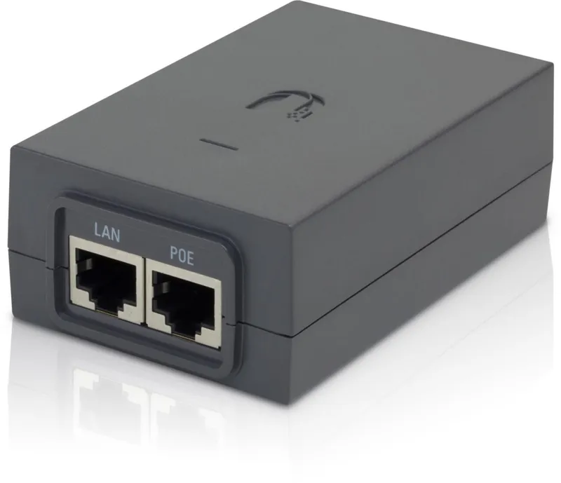 Ubiquiti POE Injector AF-5X 24VDC 24W mit LAN- und PoE-Port auf weißer Oberfläche mit Logo und Statusanzeige.