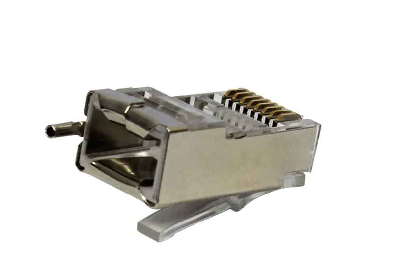 Ubiquiti TOUGH Cable Connector TP-Stecker Cat6 RJ45 Einzelstück mit goldenen Kontakten und Metallabschirmung auf weißem
