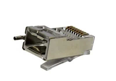 Ubiquiti TOUGH Cable Connector TP-Stecker Cat6 RJ45 Einzelstück mit goldenen Kontakten und Metallabschirmung auf weißem Ubiquiti TOUGH Cable Connector TP-Stecker Cat6 RJ45 Einzelstück mit goldenen Kontakten und Metallabschirmung auf weißem