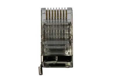 Ubiquiti TOUGH Cable Connector TP-Stecker Cat6 RJ45 mit goldenen Kontakten und Rastnase auf weißem Hintergrund. Ubiquiti TOUGH Cable Connector TP-Stecker Cat6 RJ45 mit goldenen Kontakten und Rastnase auf weißem Hintergrund.