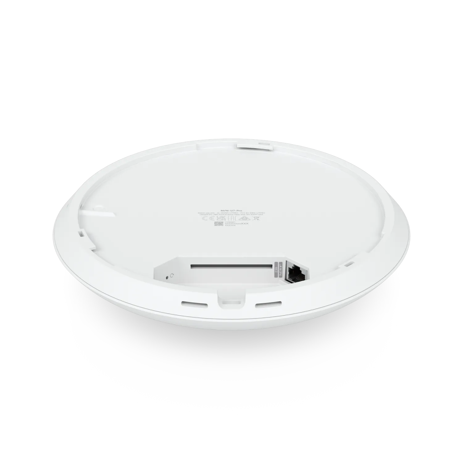 Pack de 5 points d’accès Ubiquiti UniFi AP U7-PRO, vue arrière du boîtier blanc circulaire avec port Ethernet et texte