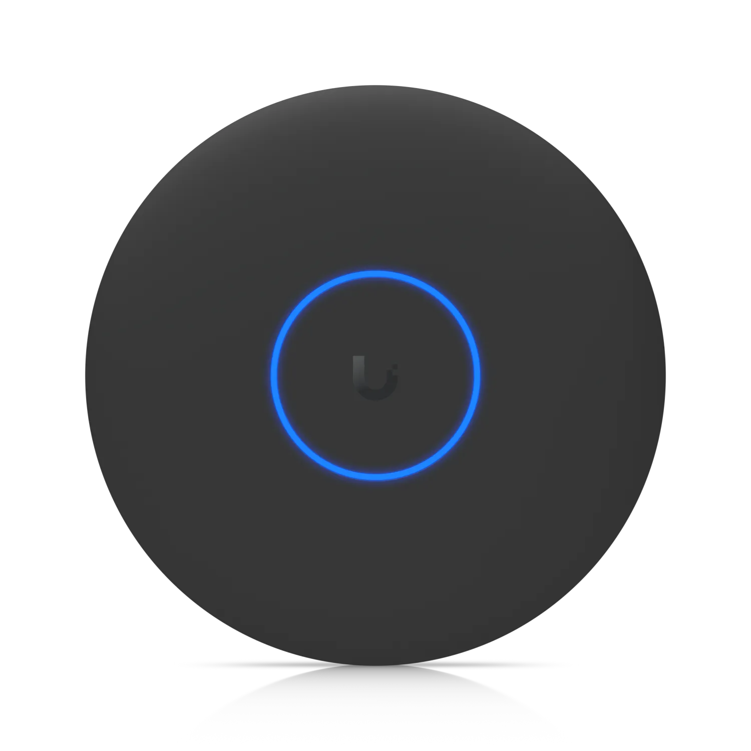 Беспроводная точка доступа Ubiquiti UniFi U7-Pro XGS WiFi 7 круглой формы с матовым чёрным корпусом и синим светодиодным Беспроводная точка доступа Ubiquiti UniFi U7-Pro XGS WiFi 7 круглой формы с матовым чёрным корпусом и синим светодиодным
