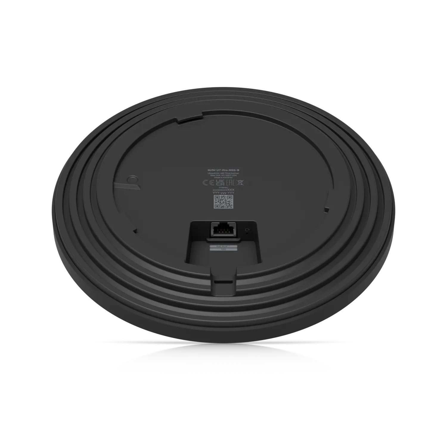 Беспроводная точка доступа Ubiquiti UniFi U7-Pro XGS WiFi 7 чёрного цвета с обратной стороны показывает концентрические Беспроводная точка доступа Ubiquiti UniFi U7-Pro XGS WiFi 7 чёрного цвета с обратной стороны показывает концентрические