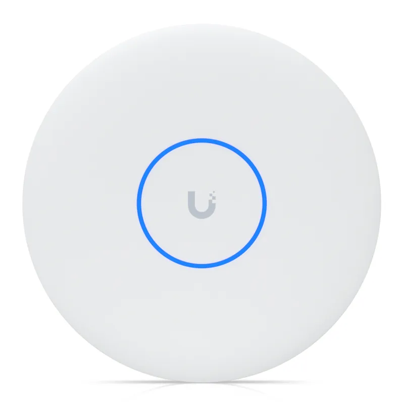 Ubiquiti UniFi AP U7-PRO XGS, белый круглый точкой доступа с синим кольцом и логотипом Ubiquiti для сетей XGS-PON.