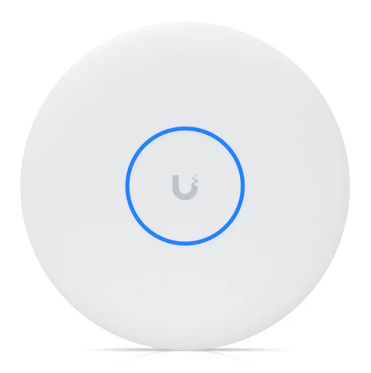 Ubiquiti UniFi AP U7-PRO XGS wireless access point with central blue ring and grey logo in a clean front view setup. Ubiquiti UniFi AP U7-PRO XGS wireless access point with central blue ring and grey logo in a clean front view setup.