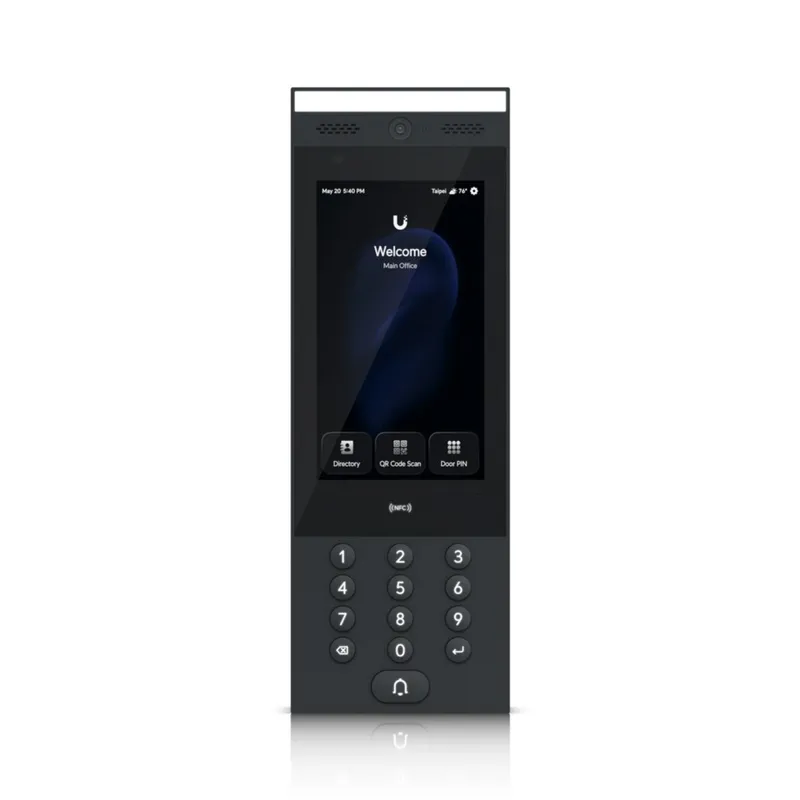 Ubiquiti Access G3 Interkom mit schwarzem Gehäuse, Kamera, Touchscreen mit Willkommensmenü, Nummernfeld und NFC-Symbol für