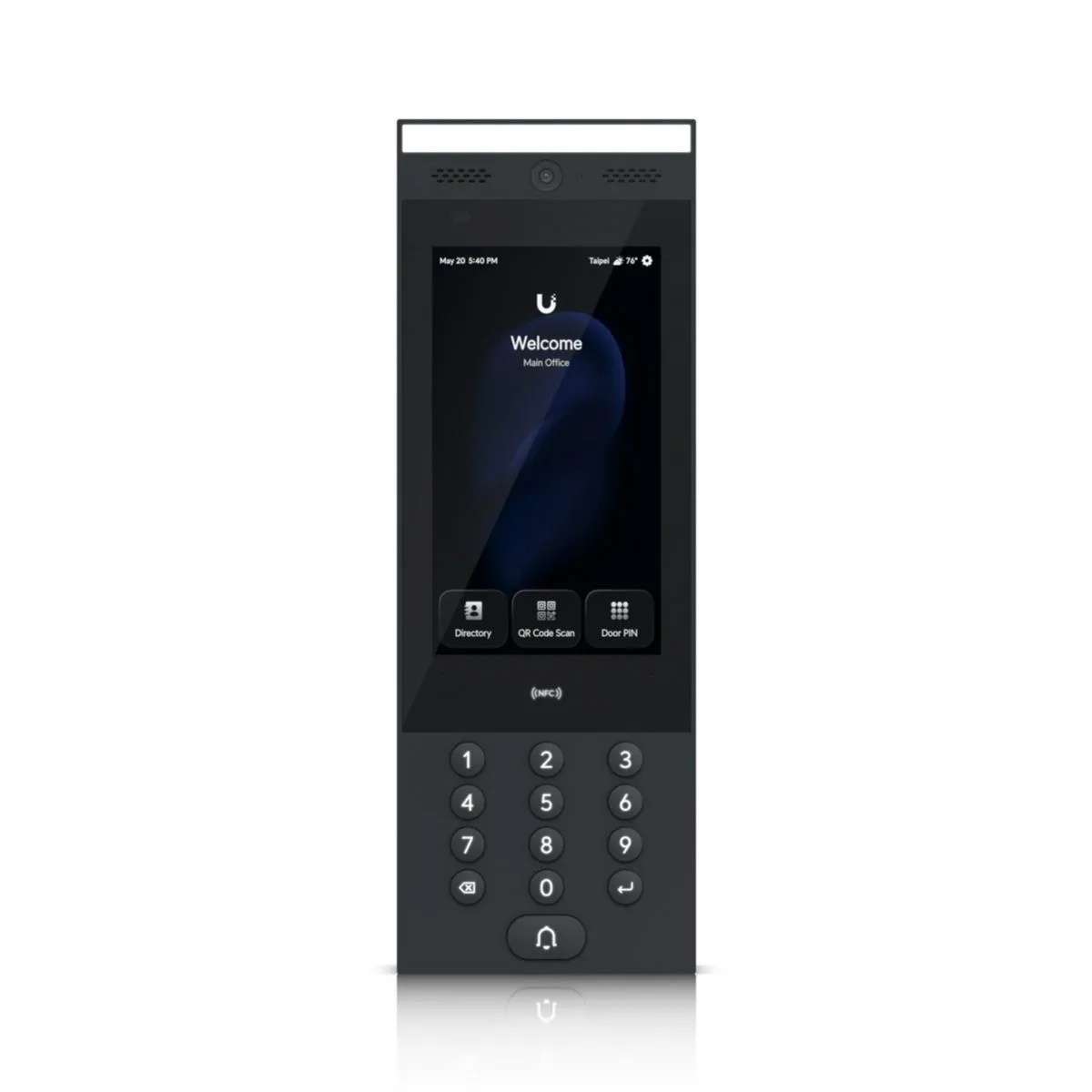 Ubiquiti Access G3 Interkom mit schwarzem Gehäuse, Kamera, Touchscreen mit Willkommensmenü, Nummernfeld und NFC-Symbol für Ubiquiti Access G3 Interkom mit schwarzem Gehäuse, Kamera, Touchscreen mit Willkommensmenü, Nummernfeld und NFC-Symbol für