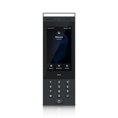 Ubiquiti Access G3 Interkom mit schwarzem Gehäuse, Kamera, Touchscreen mit Willkommensmenü, Nummernfeld und NFC-Symbol für Ubiquiti Access G3 Interkom mit schwarzem Gehäuse, Kamera, Touchscreen mit Willkommensmenü, Nummernfeld und NFC-Symbol für