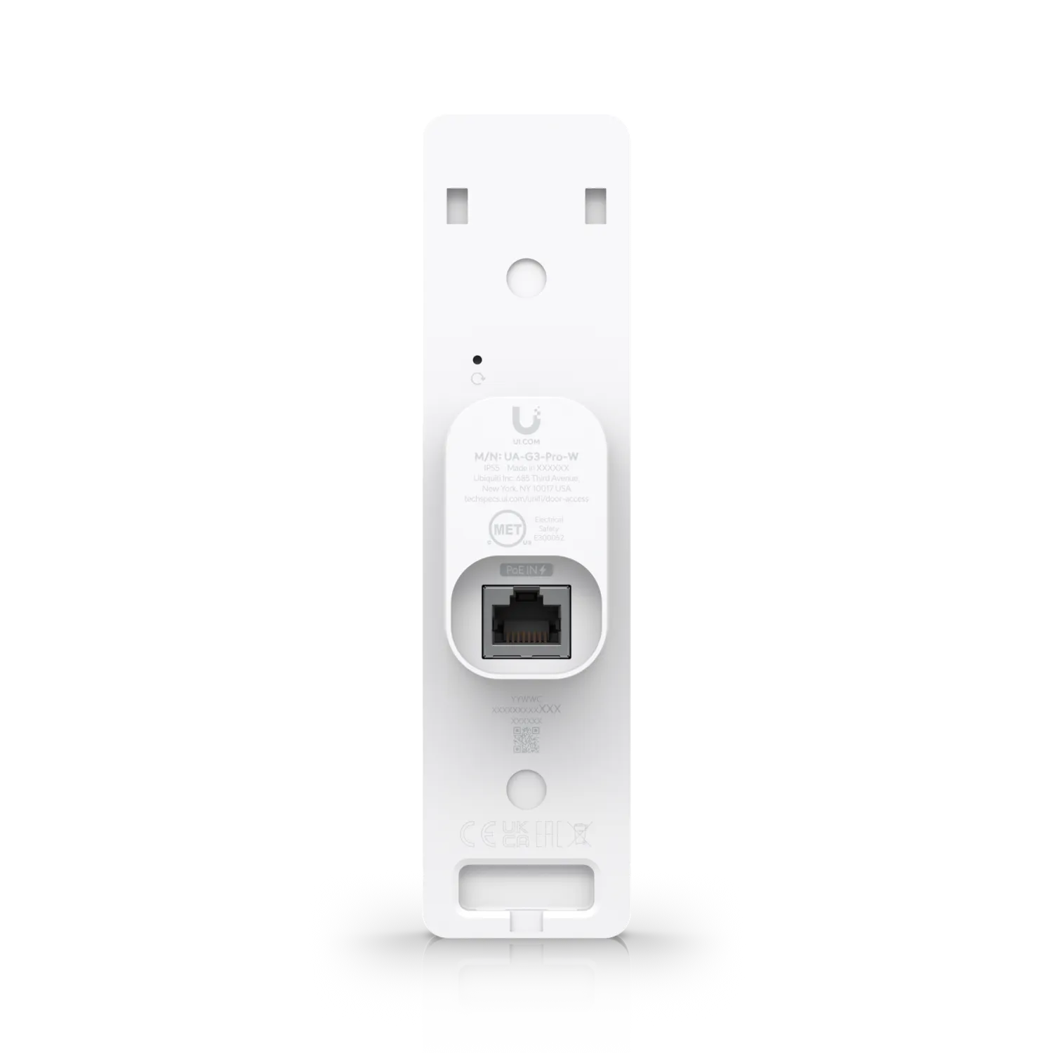 Ubiquiti Access G3 Reader Pro weiß Rückansicht mit POE-IN-Ethernetanschluss und Montageschlitzen für Zutrittskontrolle.