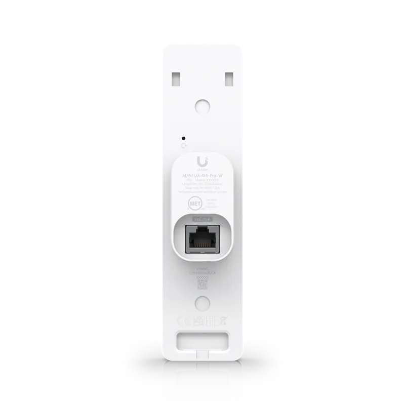 Ubiquiti Access G3 Reader Pro weiß Rückansicht mit POE-IN-Ethernetanschluss und Montageschlitzen für Zutrittskontrolle.